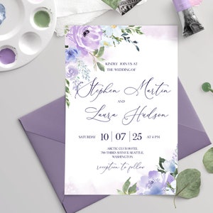 LILAC Wedding Invitation Template, Purple Flowers Wedding Invites Download, Floral, Editable, Printable Invite For Home Printing