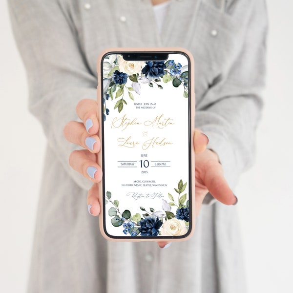 OCEAN Blue and Creamy Electronic Invitation, Blue Navy iPhone invite, Floral Digital Template, Mobile Invite, Instant Download, Smartphone