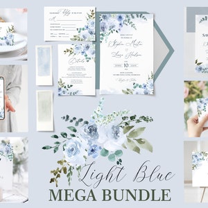 ELIA Wedding Invitation Mega bundle Template with Light Blue Flowers, Floral wedding invites suite, INSTANT Download, Editable, Printable