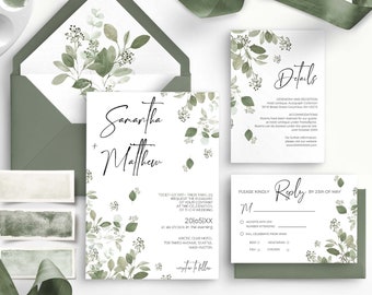 ANA Eucalyptus Wedding Invitation Set Template, Boho Greenery Wedding Invites Bundle, Suite d'invitations imprimables, Téléchargement instantané