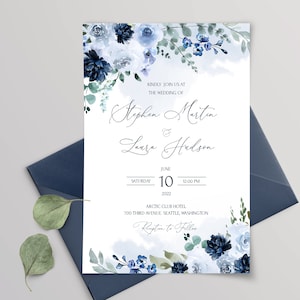 MRIA Light Blue and Blue Navy Wedding Invitation Bundle Template, Light Blue Wedding Invites set Download, Floral, Printable, Editable Diy image 3