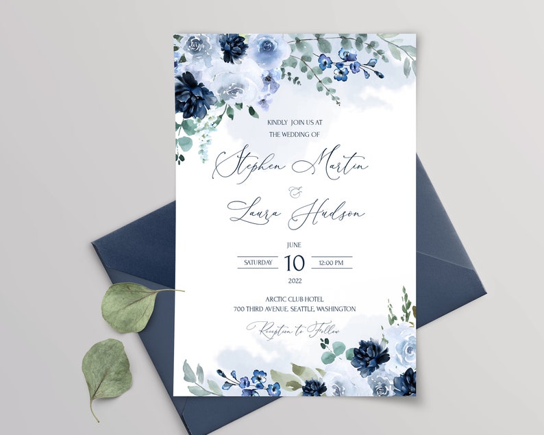 MRIA Light Blue and Blue Navy Wedding Invitation Bundle Template, Light Blue Wedding Invites set Download, Floral, Printable, Editable Diy image 3