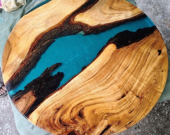 Tablero de mesa redondo de madera natural de 96,5 cm (38"), color azul río, muebles a medida.