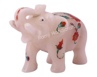 3" Handmade White Marble Elephant Figurine | Floral Inlay Decor | Indian Handicraft | Lucky Elephant Statue | Gift for Home & Office