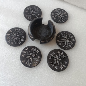 Handcrafted Black Marble Coaster Set of 6 with Floral Inlay – Elegant Drink Coasters with Holder