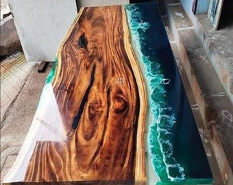 35x24" Live Edge Epoxy Resin Ocean Table - Handmade Wooden Dining Table with Coastal Wave Design