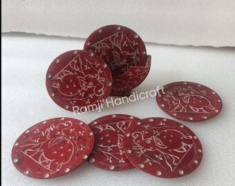Set di 6 sottobicchieri in marmo rosso fatti a mano con incisione di elefante – Eleganti sottobicchieri con supporto