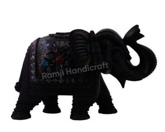 24" Black Marble Elephant Sculpture For Home Decor Handcrafted Black Elephant Statue with Floral Inlay – Indian Home Decor