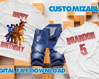 Koszulka z nadrukiem Five Nights at Freddy's Birthday Front Back, Five Nights at Freddy's Iron On Transfer, 5 Nights at Freddys, Personalizowany, Plik cyfrowy