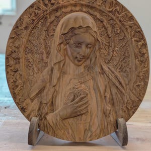 Carved Cherry Wood Virgin Mary 3D Wall Art – CNC Christian Religious Decor