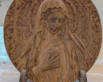 Carved Cherry Wood Virgin Mary 3D Wall Art – CNC Christian Religious Decor