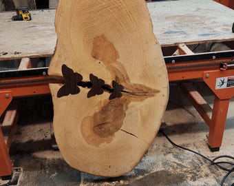 Ash Wood Cookie Live-edge with Butterflies | Round Slab |  56" X  27" X 2.5" | Flattened, Vacuum-Kiln Dried