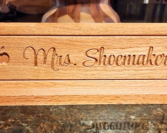 Engraved Oak Wood Teacher Nameplate: Freestanding Desk Sign