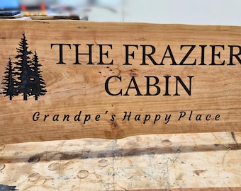 Custom Live Edge Wood Cabin/Camp Sign | Carved with Name | Outdoor Safe | Rustic Farmhouse Decor | Personalized Wall Art