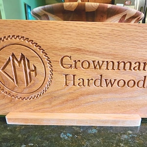Freestanding Custom Hardwood Sign | Solid Oak Wood | Tabletop / Desk Sign | Rustic Farmhouse Decor | Business Sign with Logo
