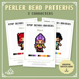 Puede incluir: Tres hojas de patrones digitales de cuentas Perler tituladas KPOP DEMON HUNTERS. Cada hoja presenta un diseño de personaje en pixel art sobre una cuadrícula con una guía de paleta de colores en la parte inferior. La hoja central muestra a Rumi con pelo morado.