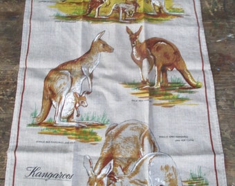 kangaroo vintage Dish Towel the bush handprinted 1970s AUSTRALIAN Souvenir Linen Roo Cotton Tea Towel kid and joey