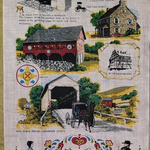 Vintage Linen Tea Towel Pennsylvania Dutch / German - Folk Art - Heredity - History - Fractur