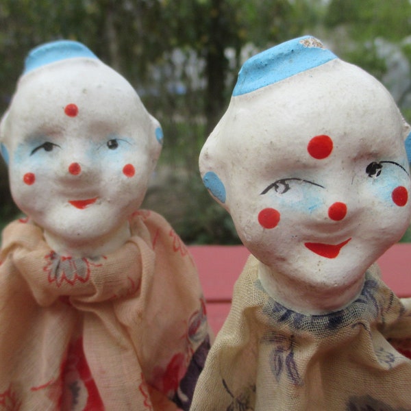 A Pair of Spooky, Creepy Paper Mache Japanese Finger Puppets - Clowns - Jesters