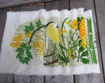 Set of 6 Vintage Floral and Bird Placemats - Linen - Designed - Cottage Core - SB