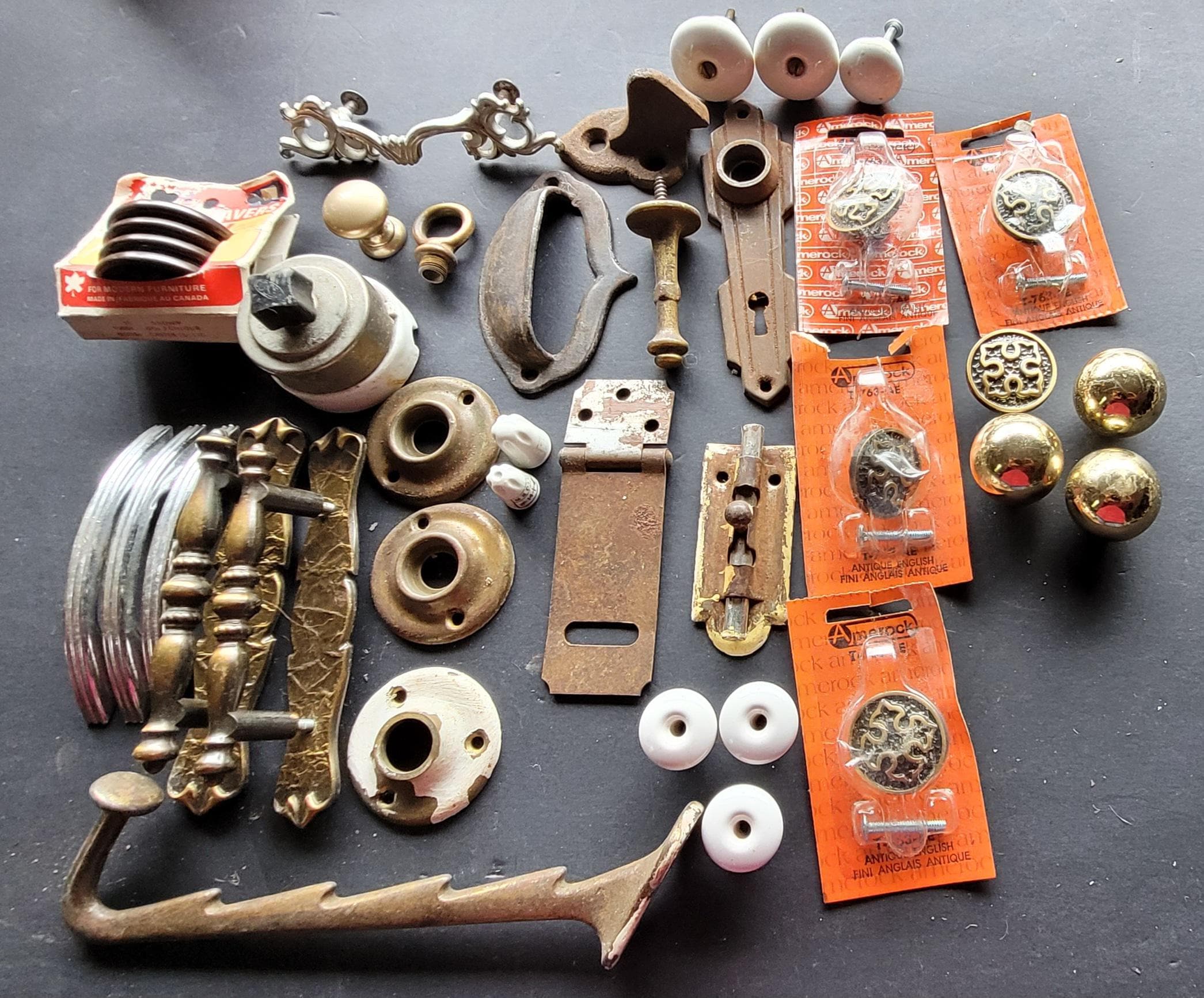 Mixed Lot of Vintage Hardware - Knobs, Handles, Latches, Hooks Etc - All Old - Repurpose