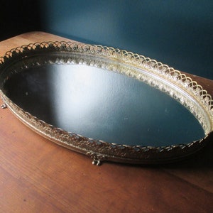 Vintage Oval Mirrored Dresser Tray with Gold Roses Ornate Filigree Border Edge. - Barware - Display - Romantic - Regency