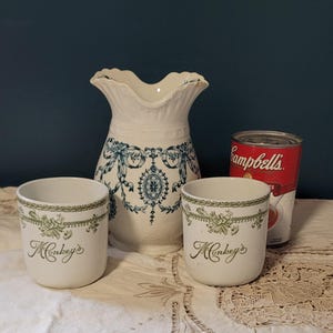 Vintage Blue Transferware Ribbon and Wreaths - Victorian Vase - Double Spout Bedside Pitcher - England