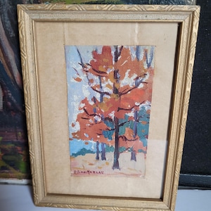 Vintage Original Oil Painting by Canadian Painter Lilian Marlatt - Trees on Canvas Attached to Paper - As Found - Ontario