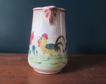 Creil et Montereau French Vintage Hand Painted Ceramic Creamer with Rooster Rustic Farm Kitchen 1900s