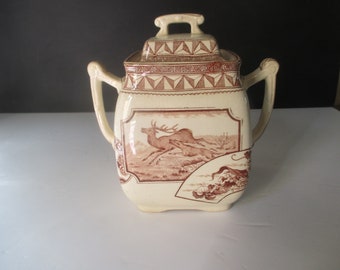 Antique Boxer Brothers Montreal Ginger / Tea /Sugar Jar with Brown Transferware Hunting Scene - England Ironstone