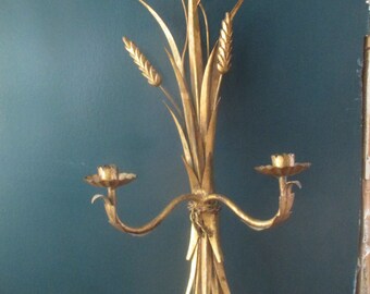 Vintage Gold MCM Brass Metal Sheaf of Wheat Candle Holder Wall Sconce - Regency - Italian