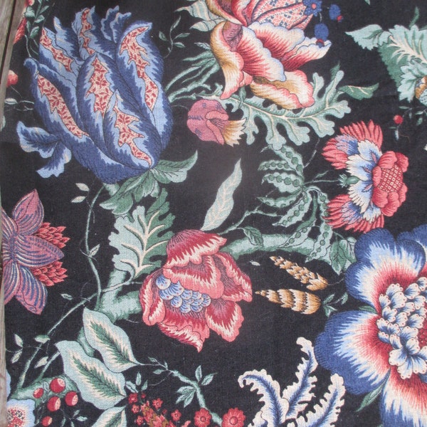 Sold by the Yard Vintage 5th Avenue Design Black Background Jacobean Cotton Fabric - Striking - Dramatic - Dutch