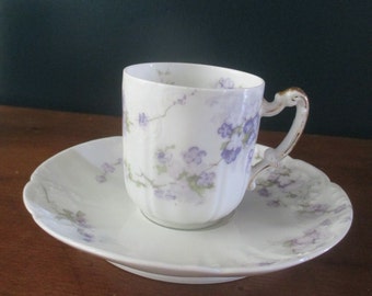 Pair of Haviland and Co Limoges France Demitasse Tea Cups and Saucers.  Petite Floral with Gold Pattern.