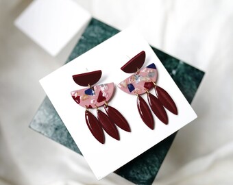 Unique Gift for her *Lunar New Year edition* Modern Maroon Terrazzo Clay Earrings with Crystal Rocks