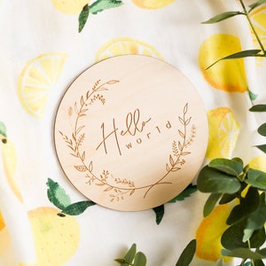 Bonjour tout le monde | Annonce de grossesse et de naissance | Elle est/Il est ici | Disque de cartes d’étape en bois pour bébé | Neutre en matière de genre | Accessoire photo