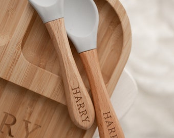 Personalised Silicone Childrens Dining Set, Spoon & Fork Cutlery, Custom Engraved Dining Set 1st Birthday, 1st Christmas, Weaning Set