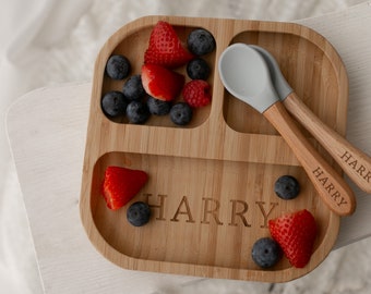 Personalised Bamboo Childrens Dining Set, Spoon & Suction Section Plate, Custom Engraved Dining Set 1st Birthday, 1st Christmas, Weaning Set