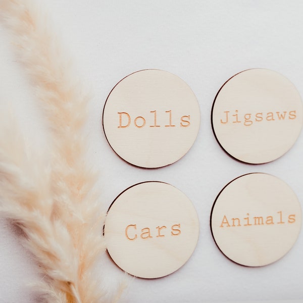 Set of 5 Personalised Wooden Playroom Labels | Nursery Decor | Storage Tags and Labels | Ikea Trofast | Aykasa Crates | Laser Engraved | UK