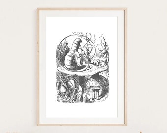 A4 A3 A2 Alice in Wonderland poster, the blue caterpillar smokes on his mushroom, Semi-thick natural and textured paper print