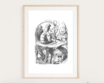 Poster A4 A3 A2 Alice in Wonderland, the blue caterpillar smokes on its mushroom, Natural and textured semi-thick paper print