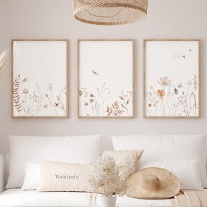 Set of 3 Botanical Watercolor Posters, Farmhouse Wildflower Art, Romantic Spring Bedroom Decor for Adults or Kids
