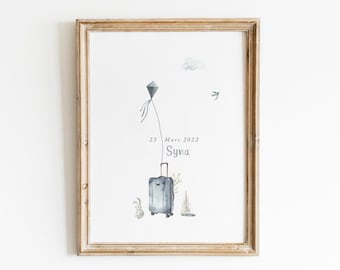 Birth poster little watercolor traveler, rabbit kite swallow boat, wall decoration bedroom blue jeans, seaside landscape