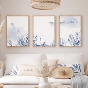 3er-Set Aquarell-Plakate mit Meeresboden, blau-weiße Wandkunst, Dekoration für Schlafzimmer und Wohnzimmer am Meer und im Sommer, gedruckt in Frankreich
