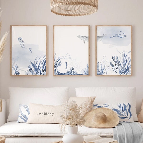 Set van 3 aquarelposters op de zeebodem, blauw-witte muurkunst, woonkamerdecoratie aan zee en in de zomerslaapkamer, gedrukt in Frankrijk