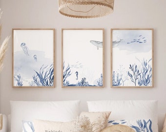 Set of 3 seabed watercolor posters, blue and white wall art, seaside and summer bedroom living room decoration, printed in France