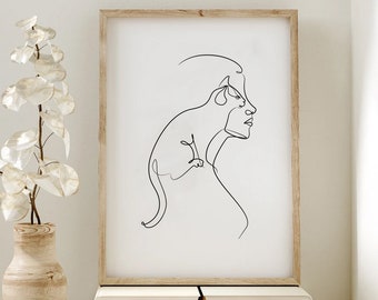 Poster cat and his mistress accomplice, minimalist wall decoration line drawing love cats, high quality print