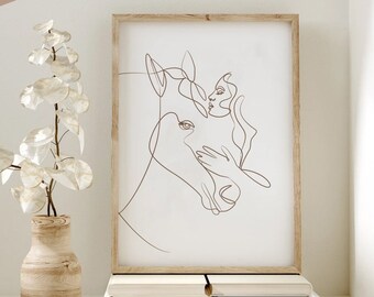 Horse poster and his accomplice rider, minimalist wall decoration line drawing love equestrian horses, high quality print