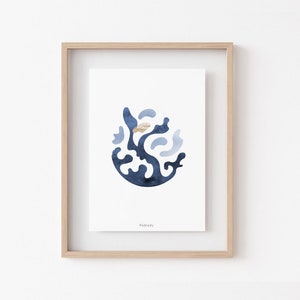 Watercolor poster 'living coral' - face - Mediterranean seaside wall art - blue and white, printed in France
