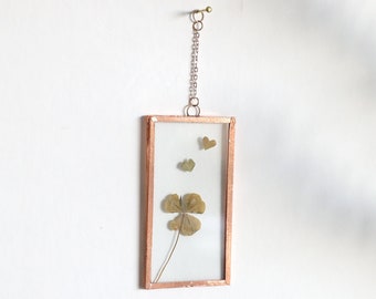 Lucky herbarium Dried 4-leaf clover in a mini copper frame, botanical wall art, a little wall gem made in Dordogne