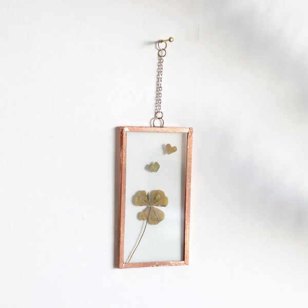 Lucky herbarium Dried 4-leaf clover in a mini copper frame, botanical wall art, a little wall gem made in Dordogne